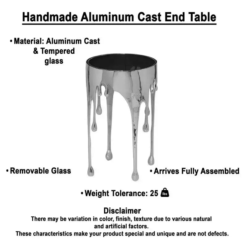 Table d'appoint Royal Hampton | Plateau en verre rond de 24,75 pouces | Design goutte fondante | Argent