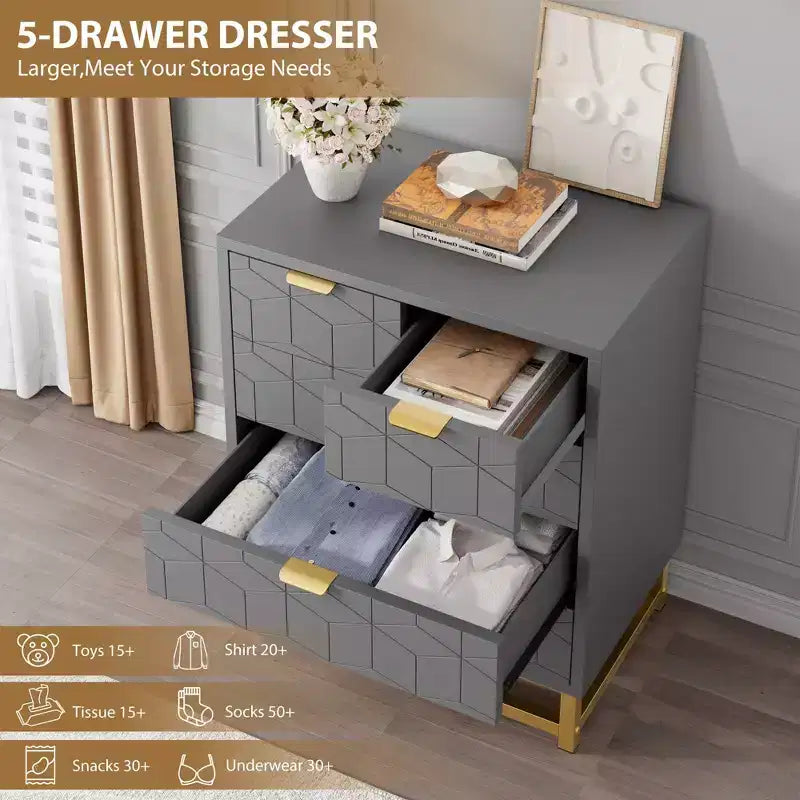 Commode en bois à 5 tiroirs avec pieds en métal pour chambre à coucher, salon, entrée