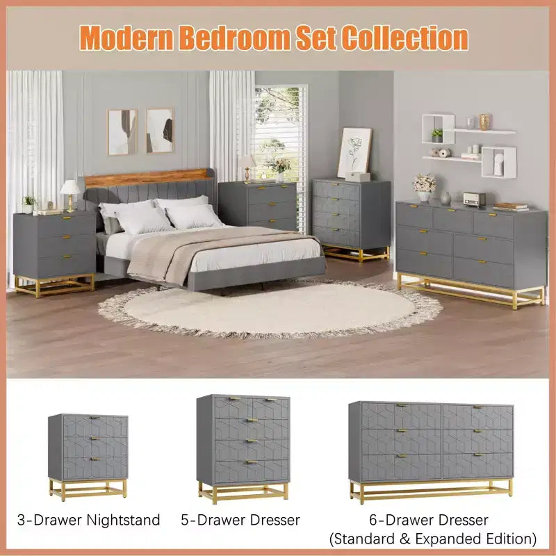 Commode en bois à 5 tiroirs avec pieds en métal pour chambre à coucher, salon, entrée