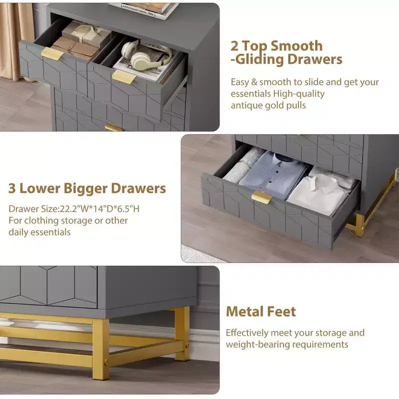 Commode en bois à 5 tiroirs avec pieds en métal pour chambre à coucher, salon, entrée