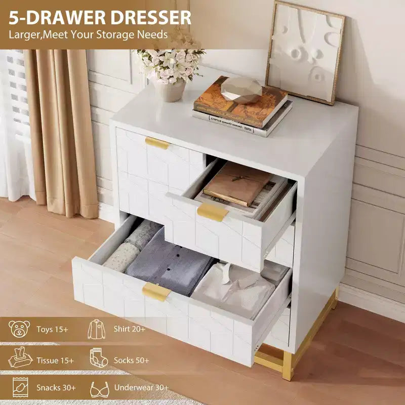 Commode en bois à 5 tiroirs avec pieds en métal pour chambre à coucher, salon, entrée