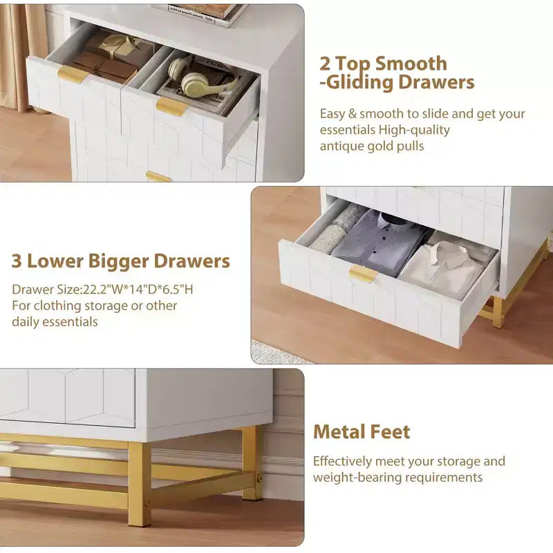 Commode en bois à 5 tiroirs avec pieds en métal pour chambre à coucher, salon, entrée