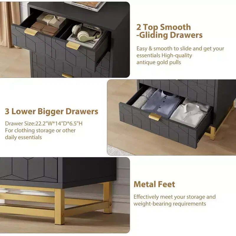 Commode en bois à 5 tiroirs avec pieds en métal pour chambre à coucher, salon, entrée