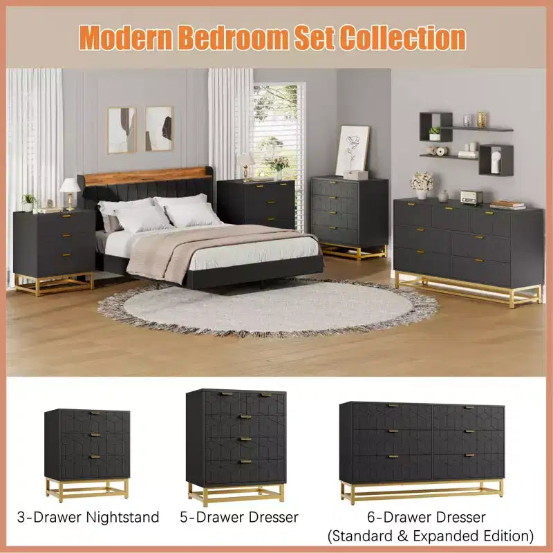 Commode en bois à 5 tiroirs avec pieds en métal pour chambre à coucher, salon, entrée