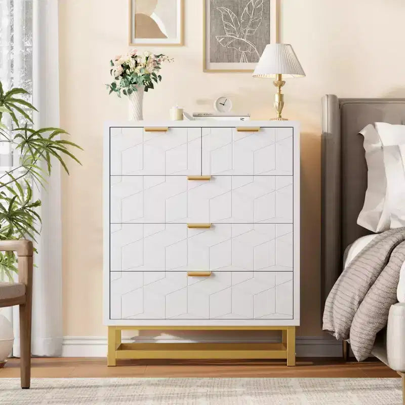 Commode en bois à 5 tiroirs avec pieds en métal pour chambre à coucher, salon, entrée