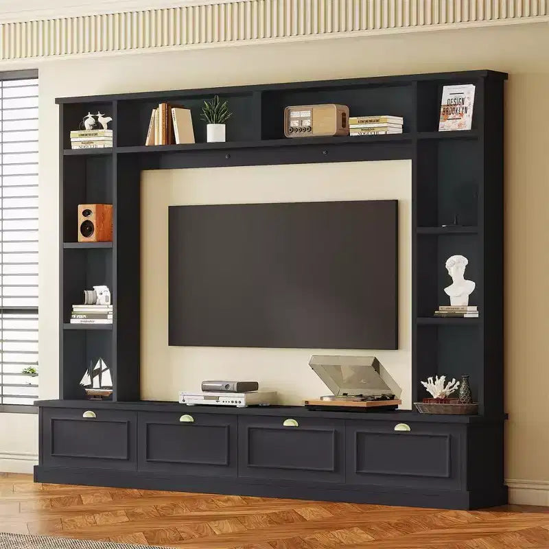 Meuble TV mural Acekool 4 en 1 avec bibliothèques, armoires et étagères ouvertes, design moderne pour téléviseurs jusqu'à 78 pouces