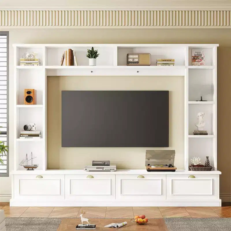 Meuble TV mural Acekool 4 en 1 avec bibliothèques, armoires et étagères ouvertes, design moderne pour téléviseurs jusqu'à 78 pouces