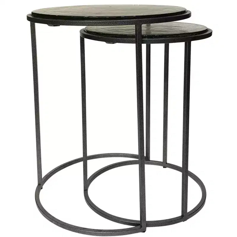 HomeRoots Set of Two Clear and Gunmetal Glass and Iron Round Frame Nested Tables