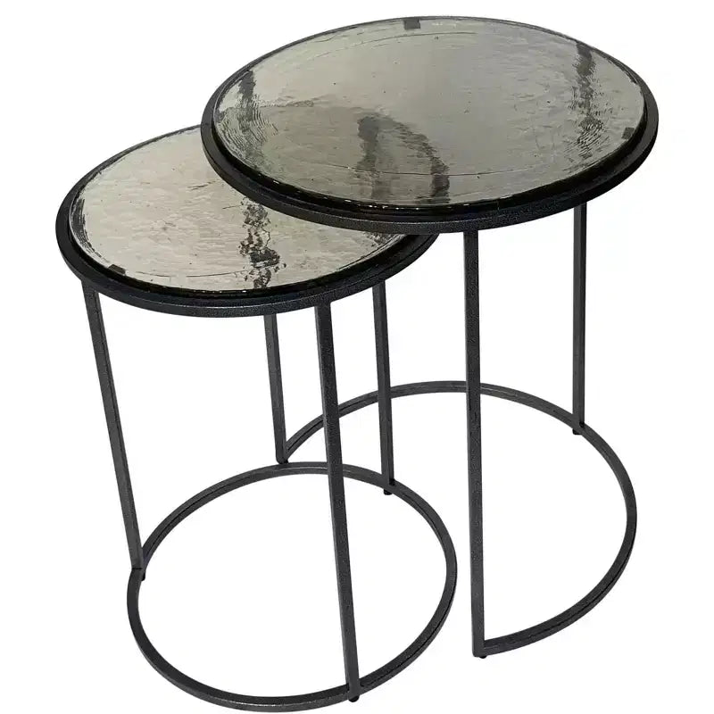 HomeRoots Ensemble de deux tables gigognes rondes en verre transparent et en métal canon de fusil