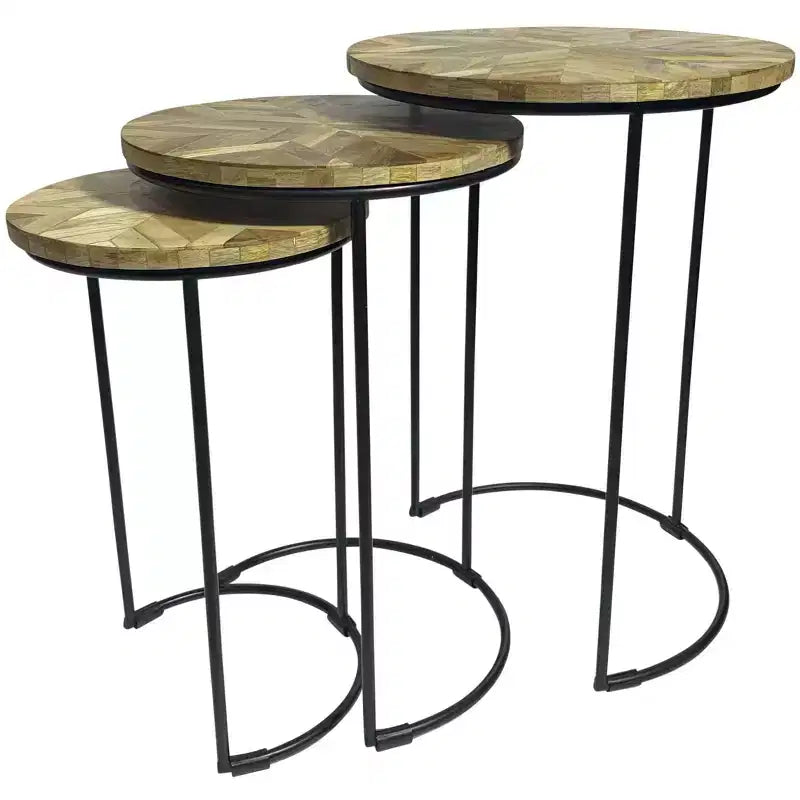 HomeRoots Ensemble de deux tables gigognes à cadre rond en bois massif naturel et noir et métal