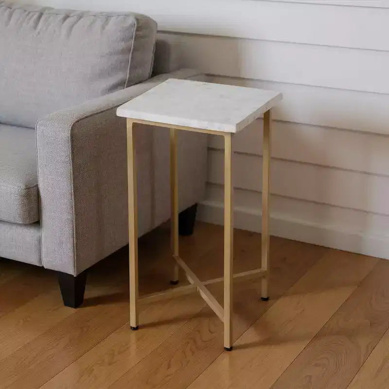 Table d'appoint carrée HomeRoots 21, marbre vieilli et fer, blanc et or