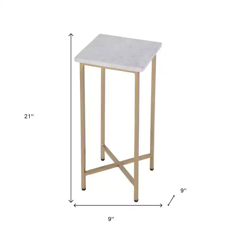 Table d'appoint carrée HomeRoots 21, marbre vieilli et fer, blanc et or