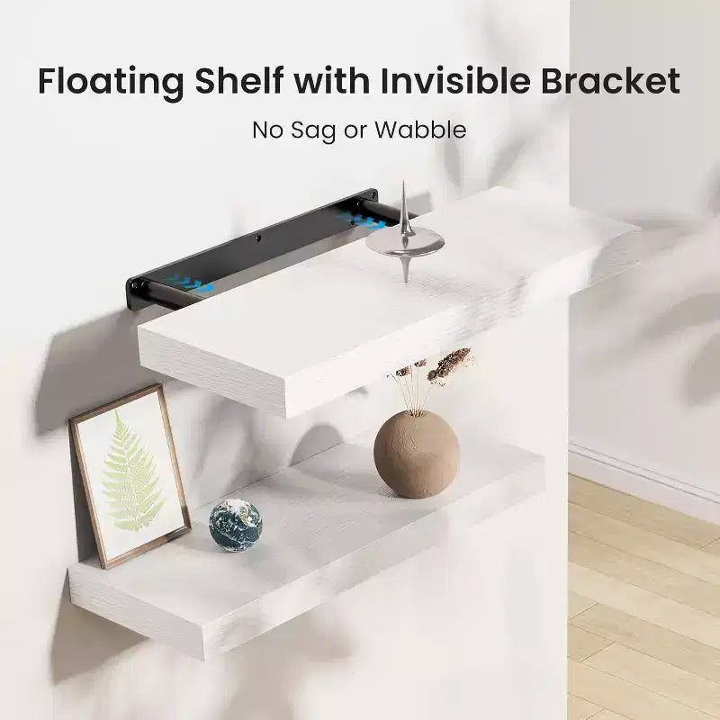 AMADA HOMEFFING Lot de 3 étagères flottantes blanches, étagères murales avec supports cachés, étagères murales flottantes, adaptées aux chambres, salles de bains, blanc