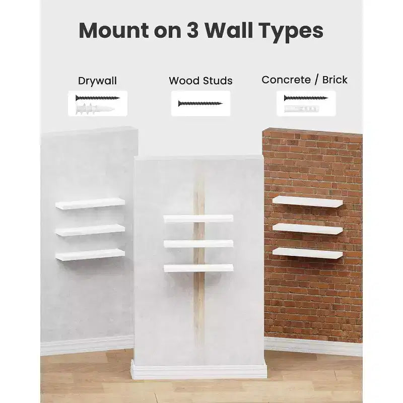 AMADA HOMEFFING Lot de 3 étagères flottantes blanches, étagères murales avec supports cachés, étagères murales flottantes, adaptées aux chambres, salles de bains, blanc