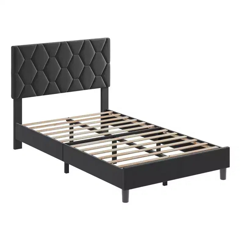 Cadre de lit plateforme Twin XL avec tête de lit réglable et rembourrée, support à lattes en bois robuste, installation facile, gris