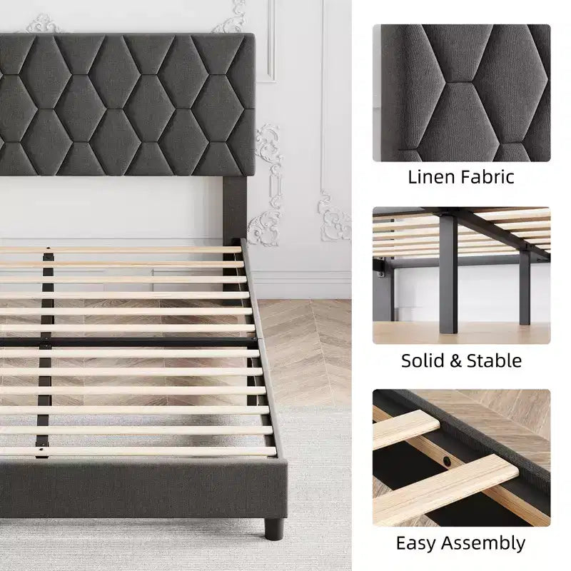 Cadre de lit plateforme Twin XL avec tête de lit réglable et rembourrée, support à lattes en bois robuste, installation facile, gris