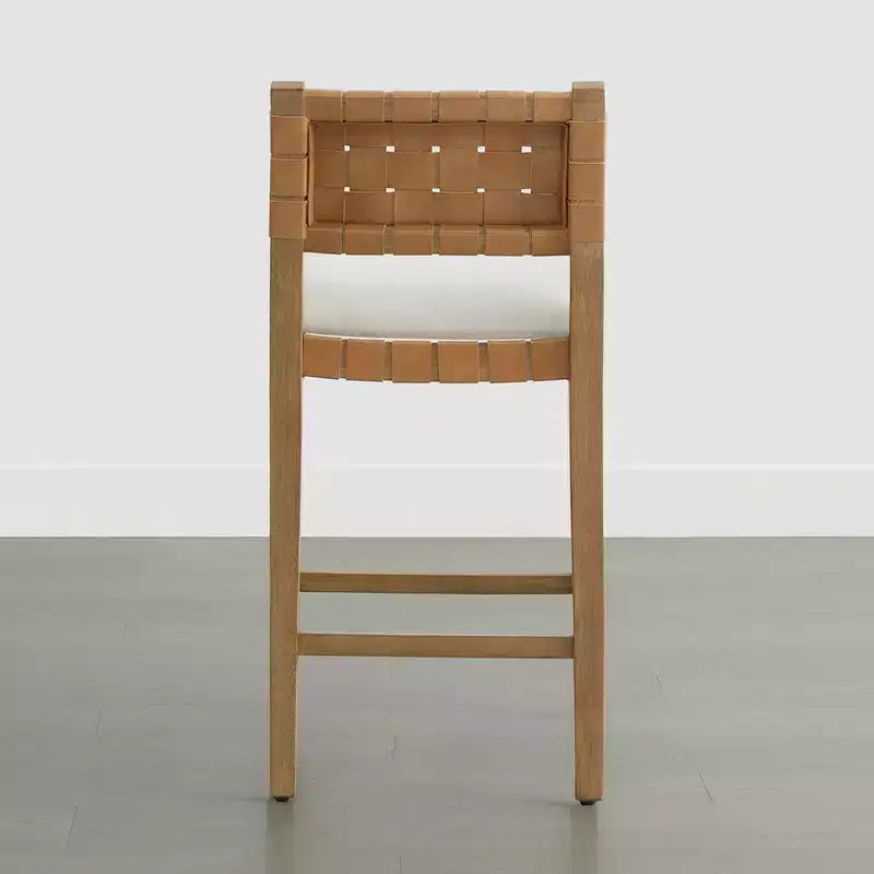 Tabouret de bar Spruce&Spring 26 en bois massif hauteur comptoir avec dossier en PVC tressé à la main et assise rembourrée, lot de 2