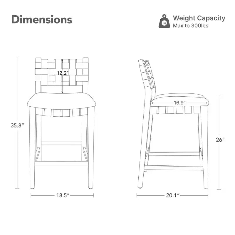 Tabouret de bar Spruce&Spring 26 en bois massif hauteur comptoir avec dossier en PVC tressé à la main et assise rembourrée, lot de 2