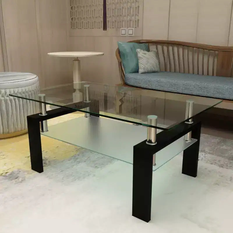 Table basse GDFStudio Henri moderne rectangulaire en verre trempé et fer avec étagère