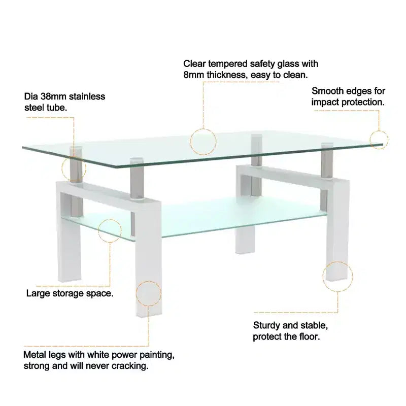 Table basse GDFStudio Henri moderne rectangulaire en verre trempé et fer avec étagère