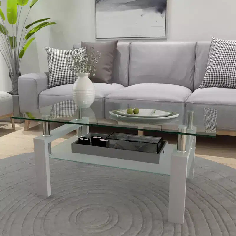Table basse GDFStudio Henri moderne rectangulaire en verre trempé et fer avec étagère