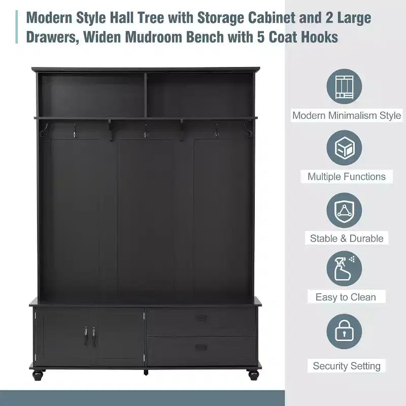 Meuble d'entrée moderne Acekool avec armoire de rangement, 2 grands tiroirs, banc large et 5 crochets, Organisateur d'entrée pour salon, Noir