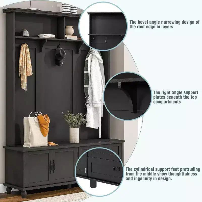 Meuble d'entrée moderne Acekool avec armoire de rangement, 2 grands tiroirs, banc large et 5 crochets, Organisateur d'entrée pour salon, Noir