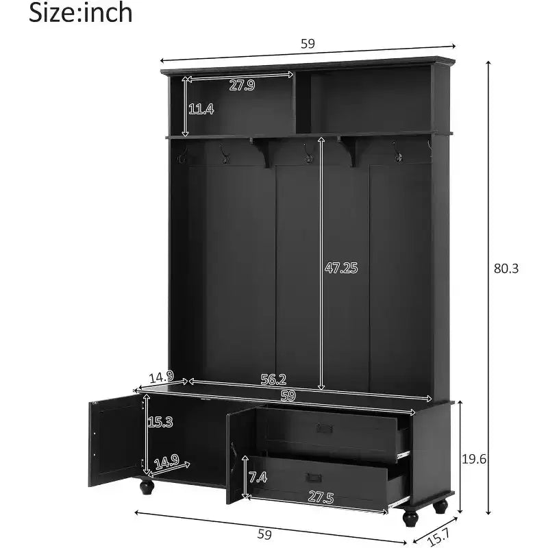 Meuble d'entrée moderne Acekool avec armoire de rangement, 2 grands tiroirs, banc large et 5 crochets, Organisateur d'entrée pour salon, Noir