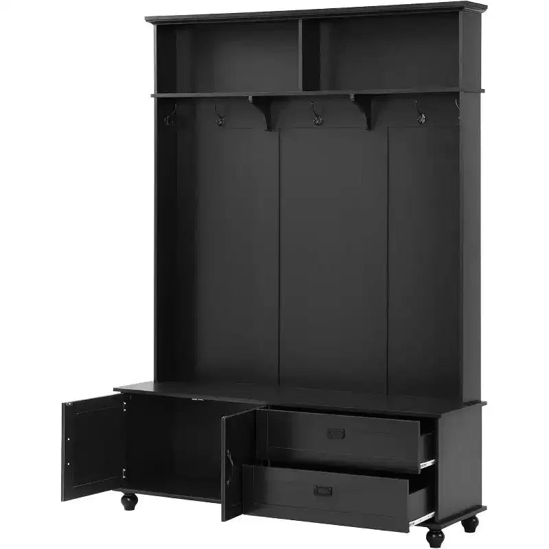 Meuble d'entrée moderne Acekool avec armoire de rangement, 2 grands tiroirs, banc large et 5 crochets, Organisateur d'entrée pour salon, Noir