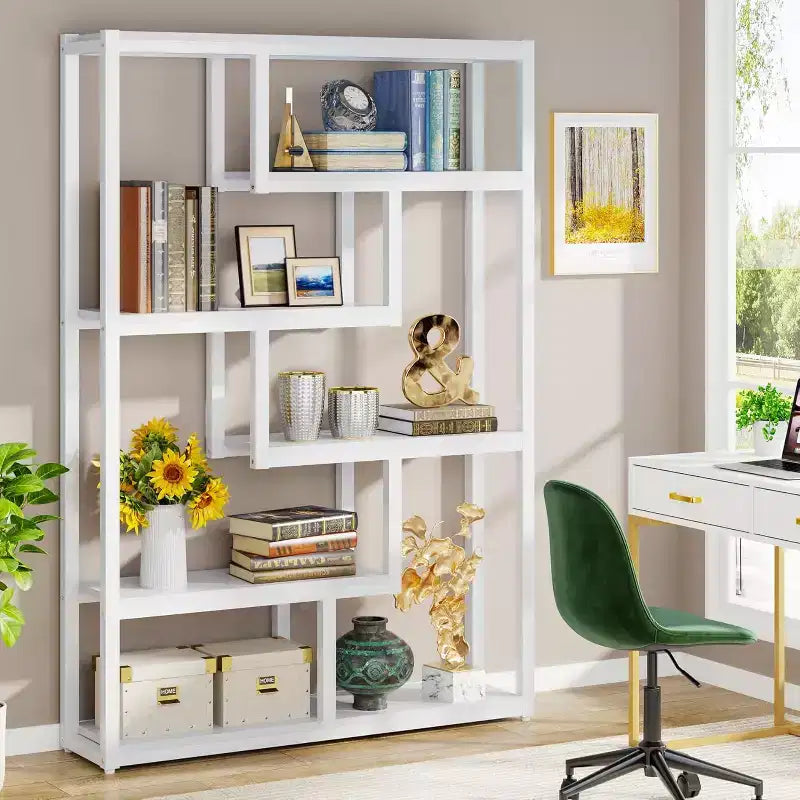 Bibliothèque industrielle à 6 étagères Lantine, étagères de rangement décalées de 175 cm de haut avec cadre métallique robuste pour bureau à domicile, blanc