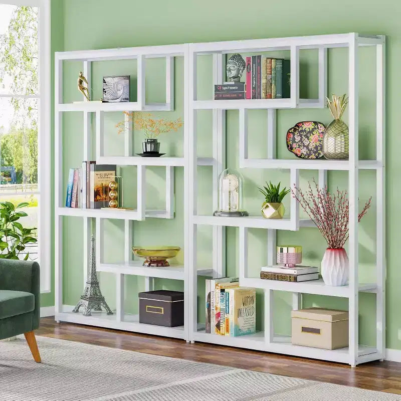 Bibliothèque industrielle à 6 étagères Lantine, étagères de rangement décalées de 175 cm de haut avec cadre métallique robuste pour bureau à domicile, blanc