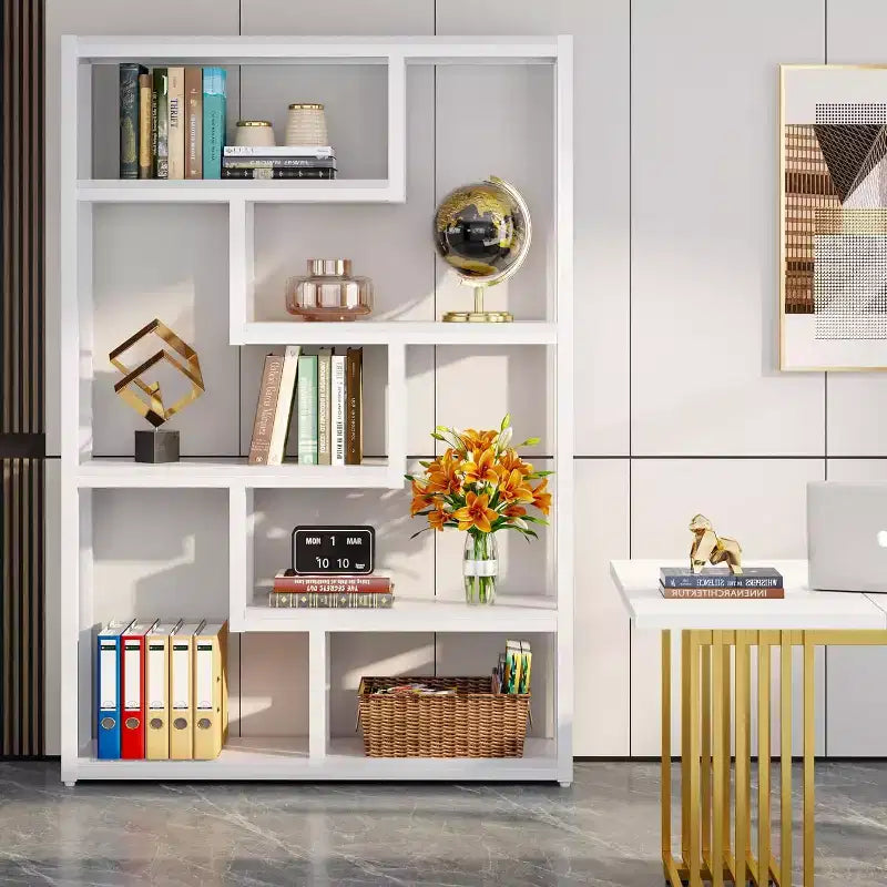 Bibliothèque industrielle à 6 étagères Lantine, étagères de rangement décalées de 175 cm de haut avec cadre métallique robuste pour bureau à domicile, blanc