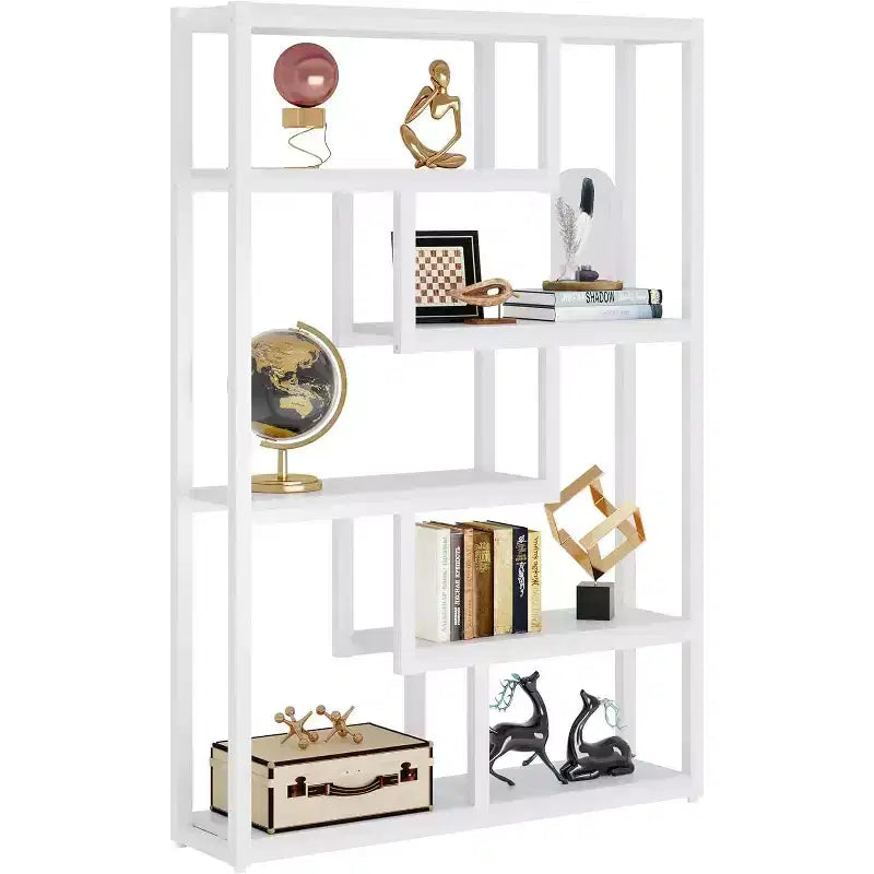 Bibliothèque industrielle à 6 étagères Lantine, étagères de rangement décalées de 175 cm de haut avec cadre métallique robuste pour bureau à domicile, blanc
