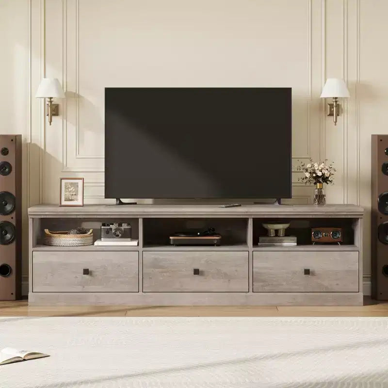 Meuble TV pour téléviseur jusqu'à 80 pouces, meuble de divertissement avec tiroir de rangement et étagères ouvertes, meuble console TV pour salon et chambre à coucher