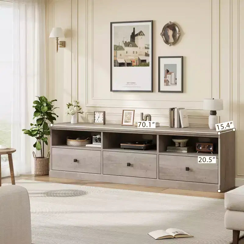 Meuble TV pour téléviseur jusqu'à 80 pouces, meuble de divertissement avec tiroir de rangement et étagères ouvertes, meuble console TV pour salon et chambre à coucher
