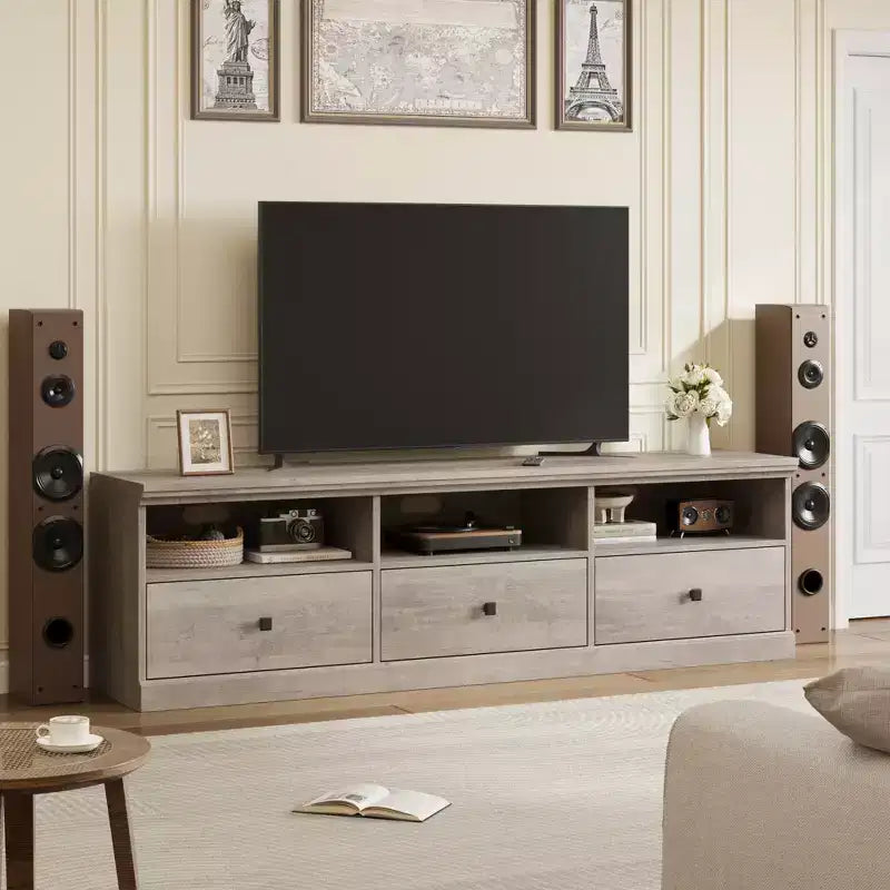 Meuble TV pour téléviseur jusqu'à 80 pouces, meuble de divertissement avec tiroir de rangement et étagères ouvertes, meuble console TV pour salon et chambre à coucher