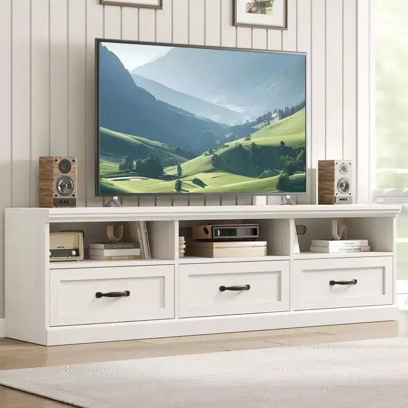 Meuble TV pour téléviseur jusqu'à 80 pouces, meuble de divertissement avec tiroir de rangement et étagères ouvertes, meuble console TV pour salon et chambre à coucher