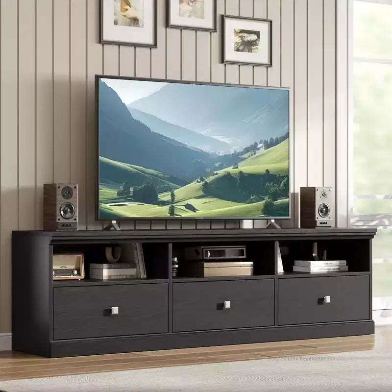 Meuble TV pour téléviseur jusqu'à 80 pouces, meuble de divertissement avec tiroir de rangement et étagères ouvertes, meuble console TV pour salon et chambre à coucher