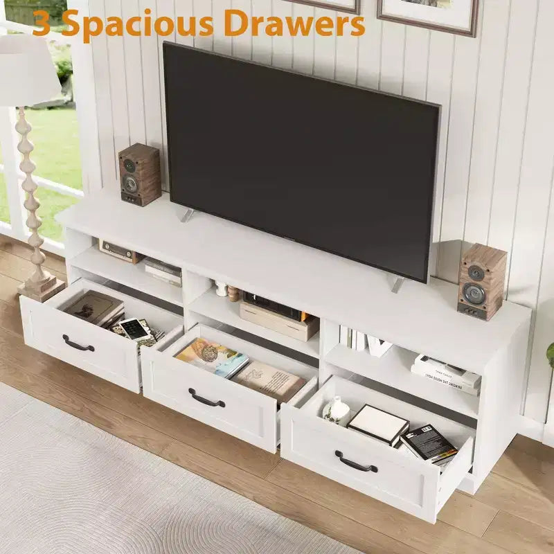 Meuble TV pour téléviseur jusqu'à 80 pouces, meuble de divertissement avec tiroir de rangement et étagères ouvertes, meuble console TV pour salon et chambre à coucher