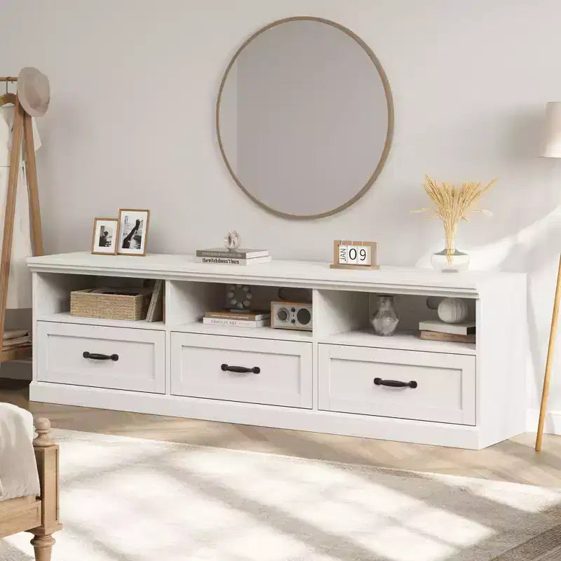 Meuble TV pour téléviseur jusqu'à 80 pouces, meuble de divertissement avec tiroir de rangement et étagères ouvertes, meuble console TV pour salon et chambre à coucher