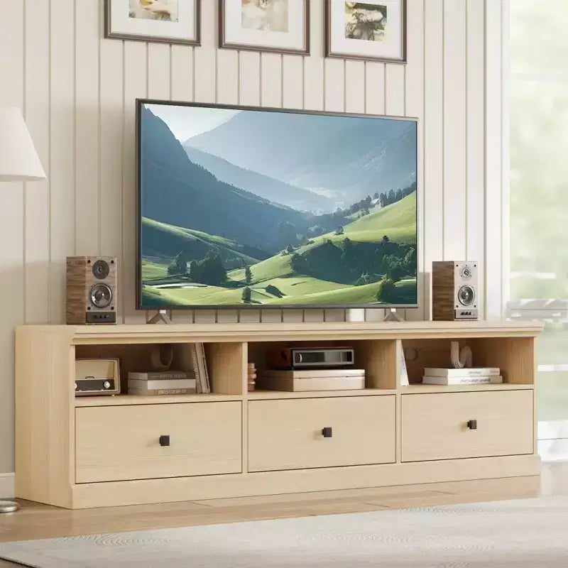 Meuble TV pour téléviseur jusqu'à 80 pouces, meuble de divertissement avec tiroir de rangement et étagères ouvertes, meuble console TV pour salon et chambre à coucher