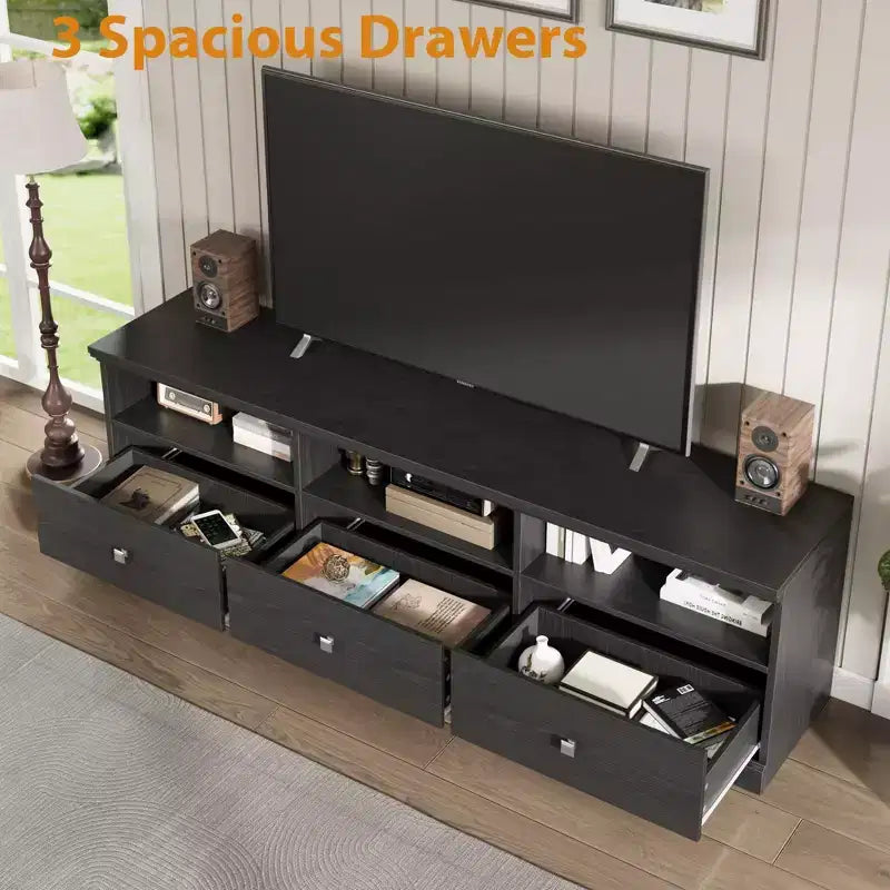 Meuble TV pour téléviseur jusqu'à 80 pouces, meuble de divertissement avec tiroir de rangement et étagères ouvertes, meuble console TV pour salon et chambre à coucher