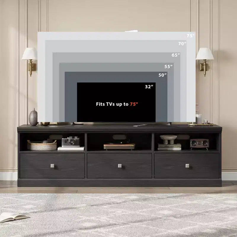 Meuble TV pour téléviseur jusqu'à 80 pouces, meuble de divertissement avec tiroir de rangement et étagères ouvertes, meuble console TV pour salon et chambre à coucher