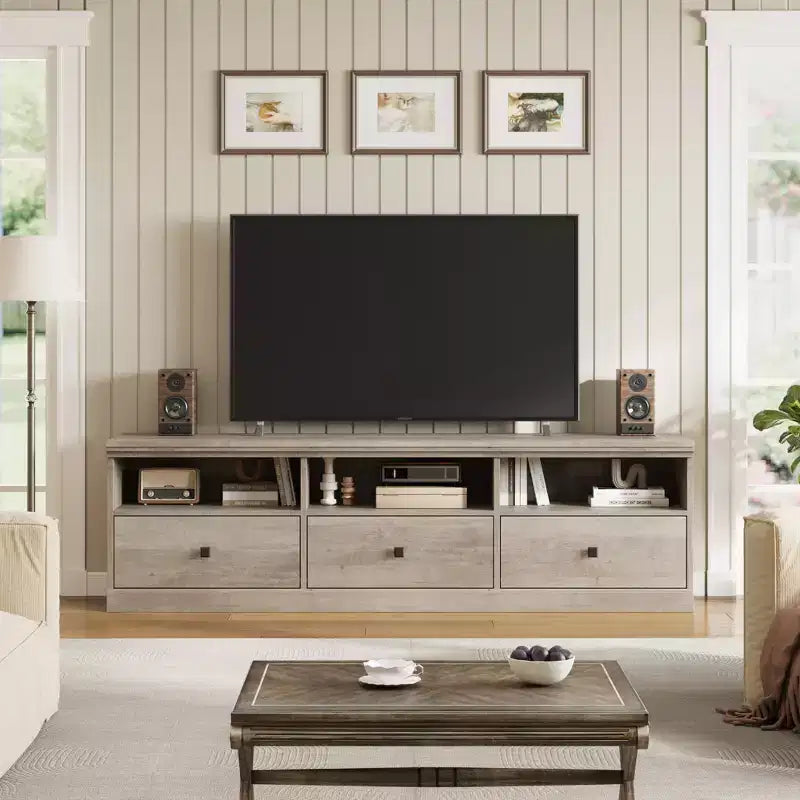 Meuble TV pour téléviseur jusqu'à 80 pouces, meuble de divertissement avec tiroir de rangement et étagères ouvertes, meuble console TV pour salon et chambre à coucher