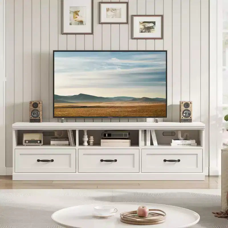 Meuble TV pour téléviseur jusqu'à 80 pouces, meuble de divertissement avec tiroir de rangement et étagères ouvertes, meuble console TV pour salon et chambre à coucher