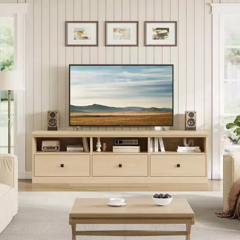 Meuble TV pour téléviseur jusqu'à 80 pouces, meuble de divertissement avec tiroir de rangement et étagères ouvertes, meuble console TV pour salon et chambre à coucher