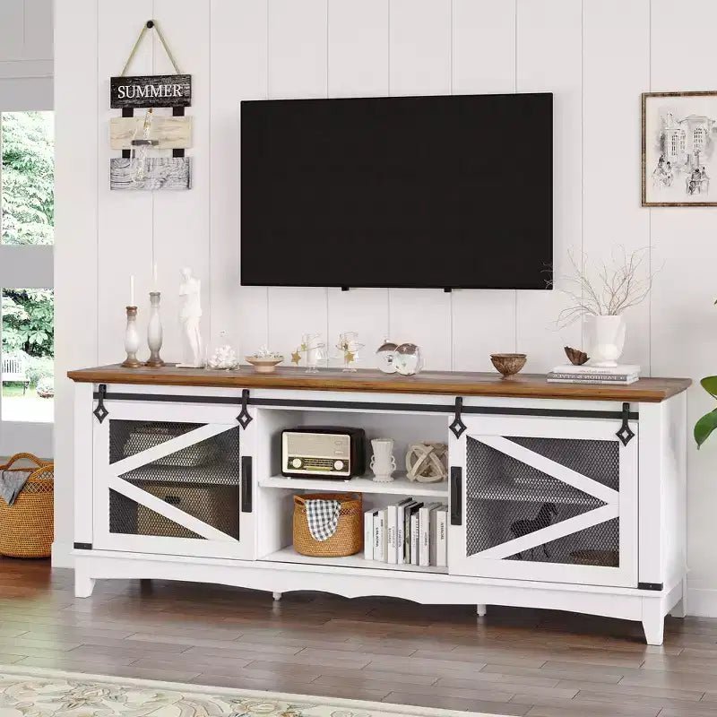 Meuble TV de ferme pour téléviseur de 65/70/75 pouces, meuble de rangement pour centre de divertissement de 65 pouces avec portes coulissantes de grange, meuble console média pour salon