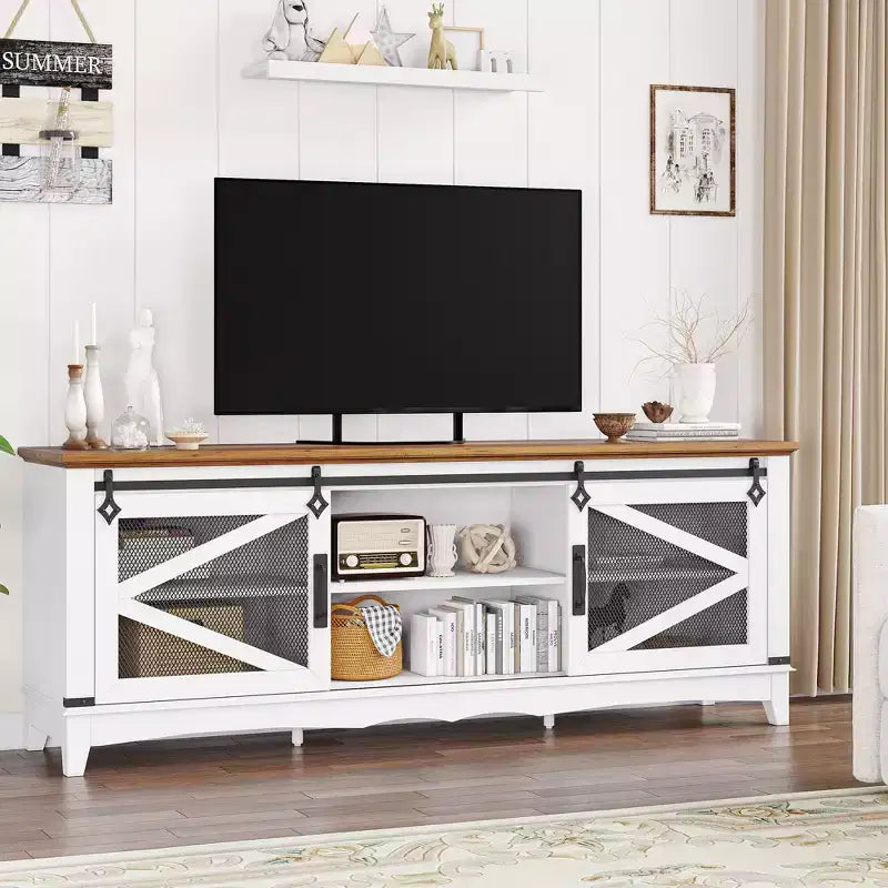 Meuble TV de ferme pour téléviseur de 65/70/75 pouces, meuble de rangement pour centre de divertissement de 65 pouces avec portes coulissantes de grange, meuble console média pour salon