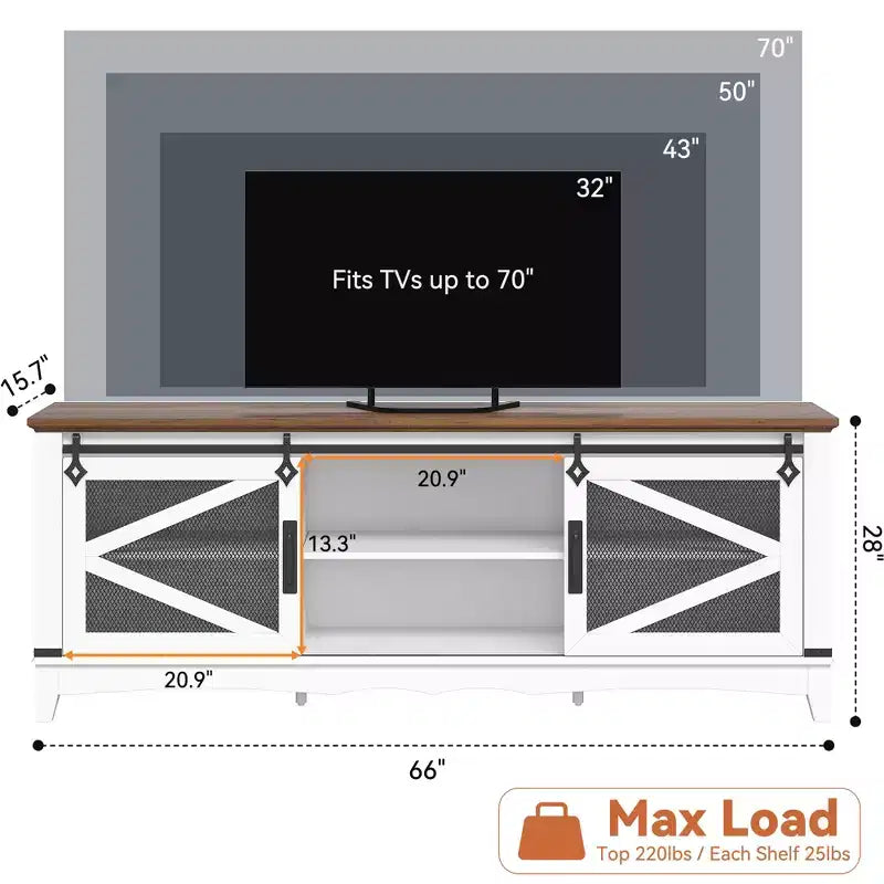 Meuble TV de ferme pour téléviseur de 65/70/75 pouces, meuble de rangement pour centre de divertissement de 65 pouces avec portes coulissantes de grange, meuble console média pour salon