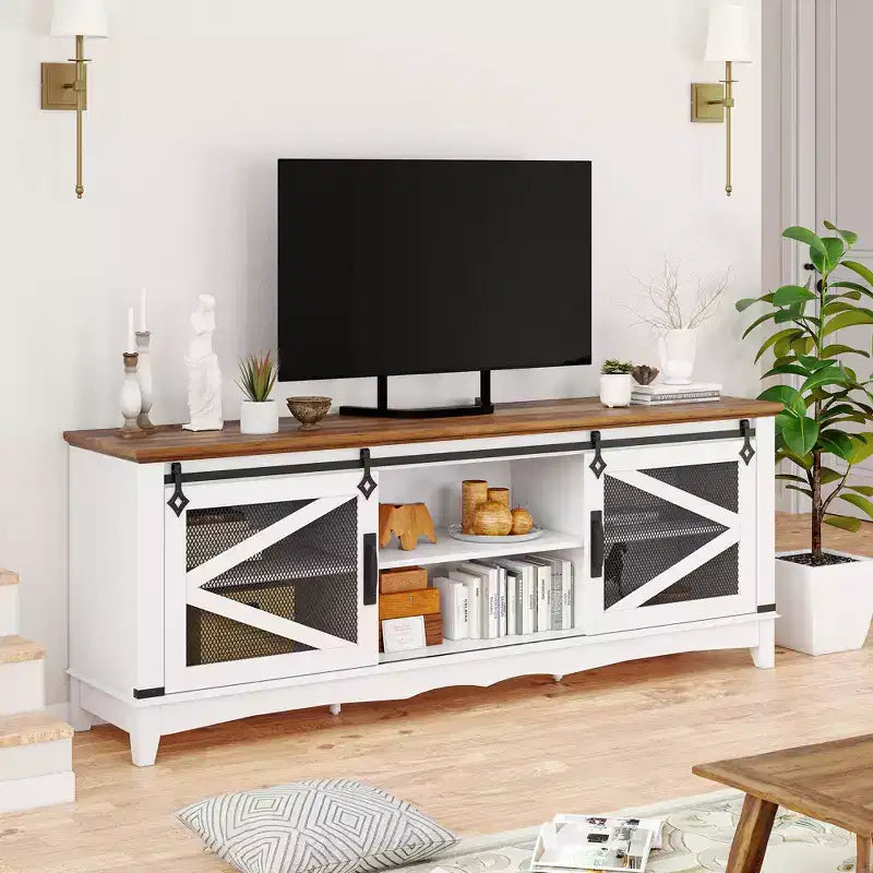 Meuble TV de ferme pour téléviseur de 65/70/75 pouces, meuble de rangement pour centre de divertissement de 65 pouces avec portes coulissantes de grange, meuble console média pour salon